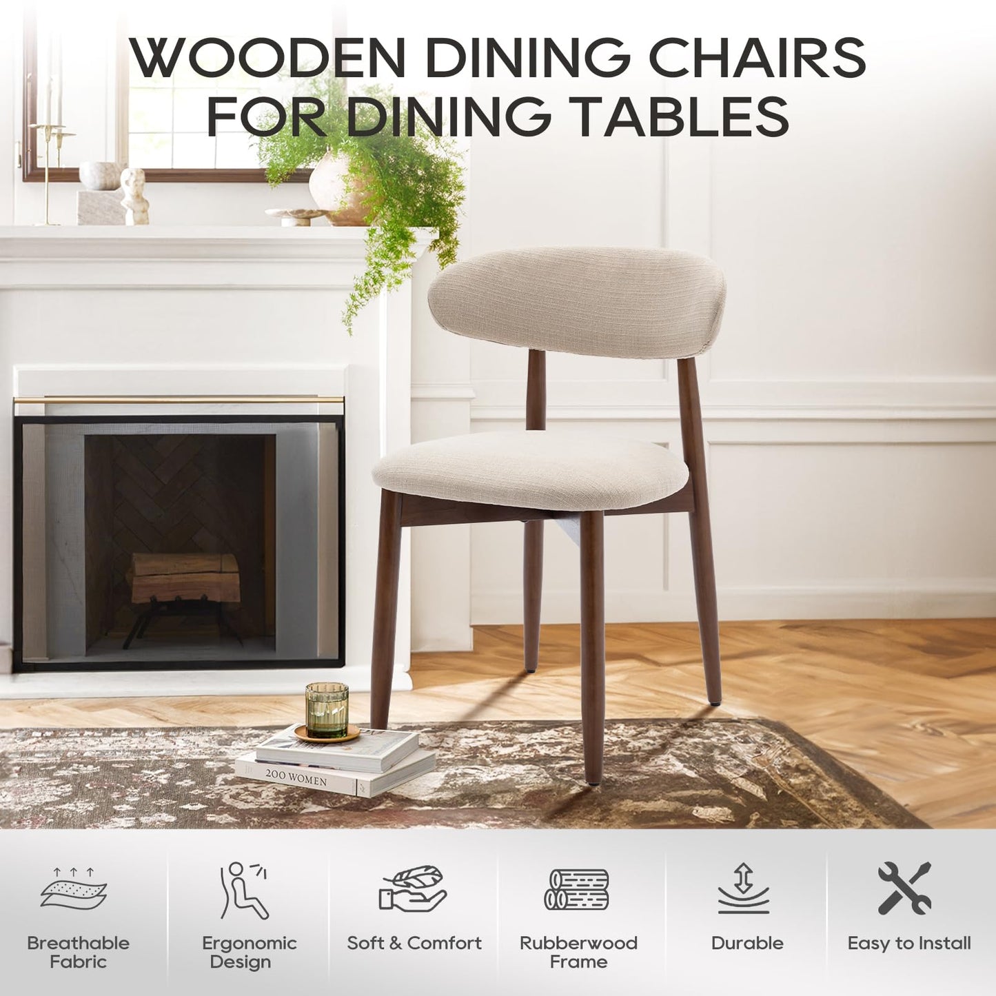 COLAMY Modern Dining Chairs Set with Wooden Legs – Upholstered Fabric Dining Room Chairs with Curved Backrest, Soft Cushion Seat