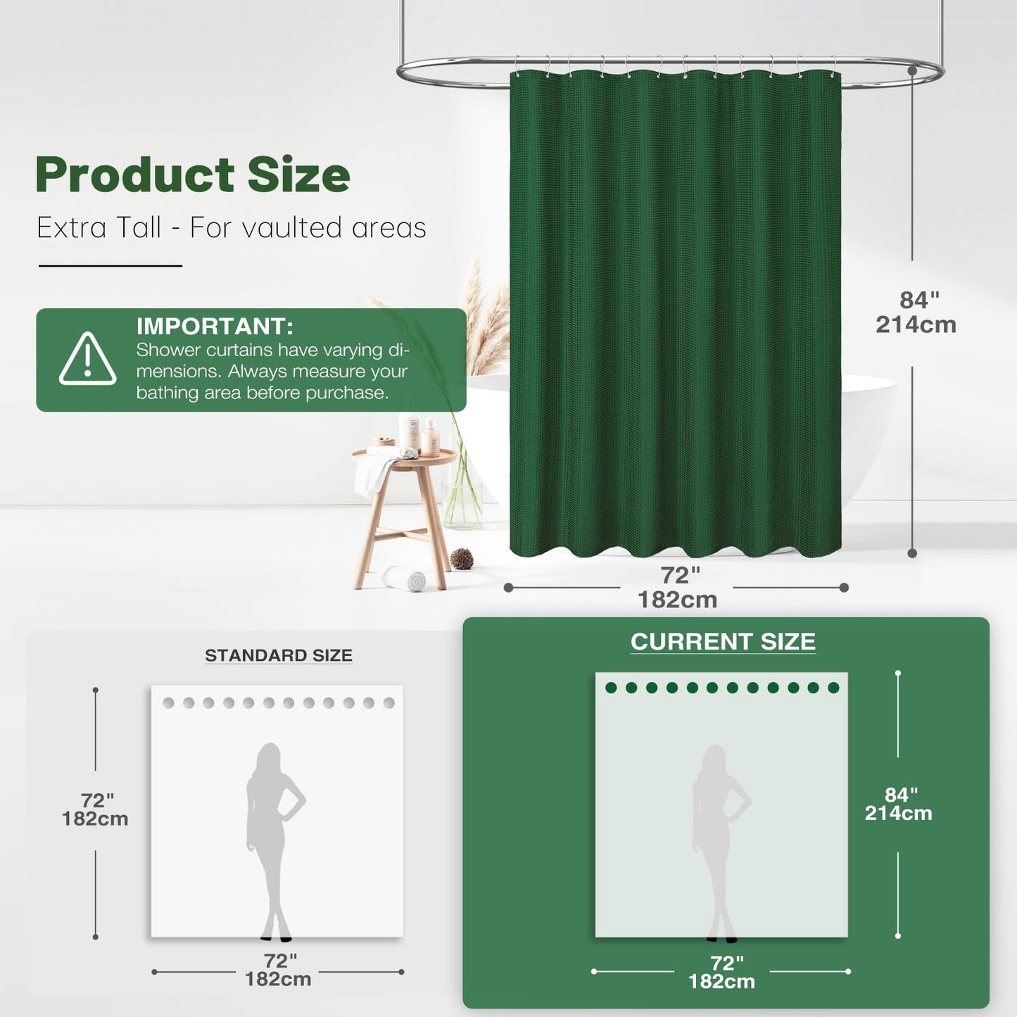 BTTN Extra Long Waffle Shower Curtain, Waterproof, 182x214cm, Emerald Green