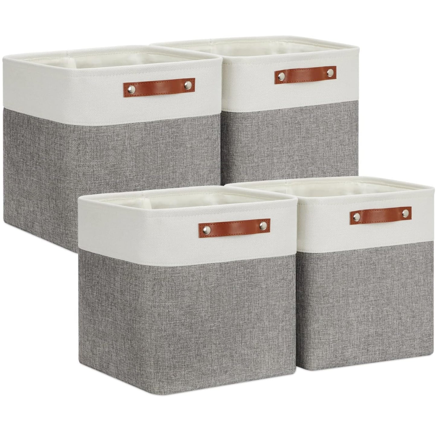 VIIHTYISA Fabric Storage Box, 4-Piece Set 33x33x33cm Cube Storage Boxes with Faux Leather Handle for Cube Shelves, Closet, Wardrobes | Grey & White