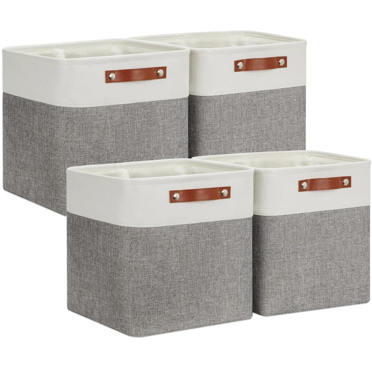 VIIHTYISA Fabric Storage Box, 4-Piece Set 30x30x30cm Cube Storage Boxes with Faux Leather Handle for Cube Shelves, Closet, Wardrobes | Grey & White
