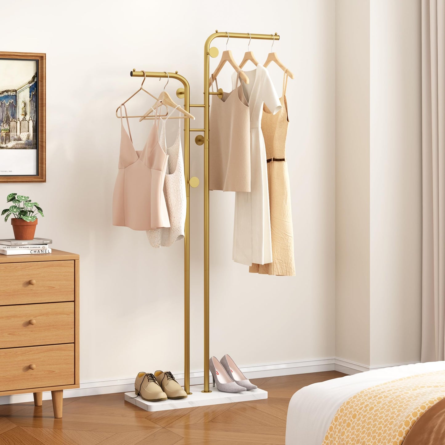 HOME BI Metal Coat Rack, Modern Coat Tree with 5 Hooks, Double-pole Clothes Hanger Stand, Freestanding Coat Rack for Entryway, Closet, Bedroom, Gold