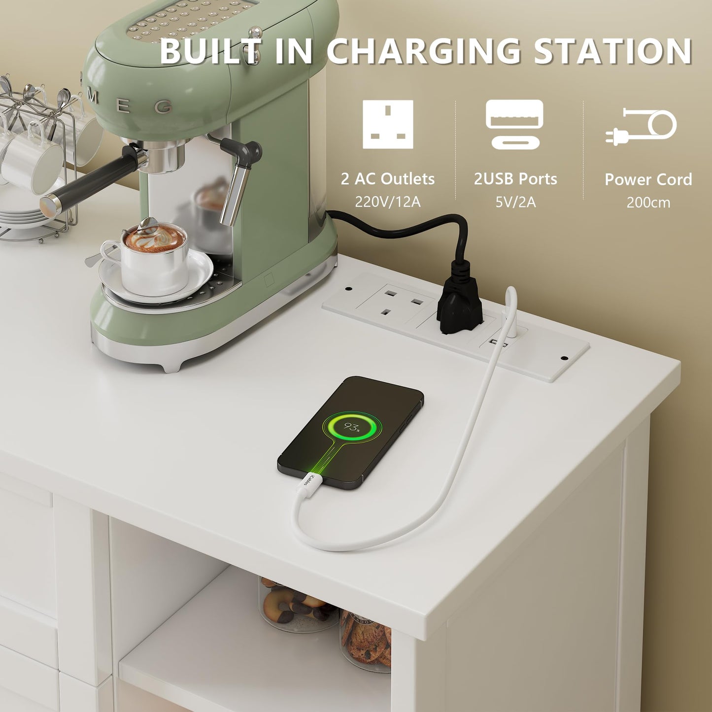 Feonase White Chest of Drawers Bedroom with Charging Station, 3 Drawer Chest of Drawers with Open Storage Unit