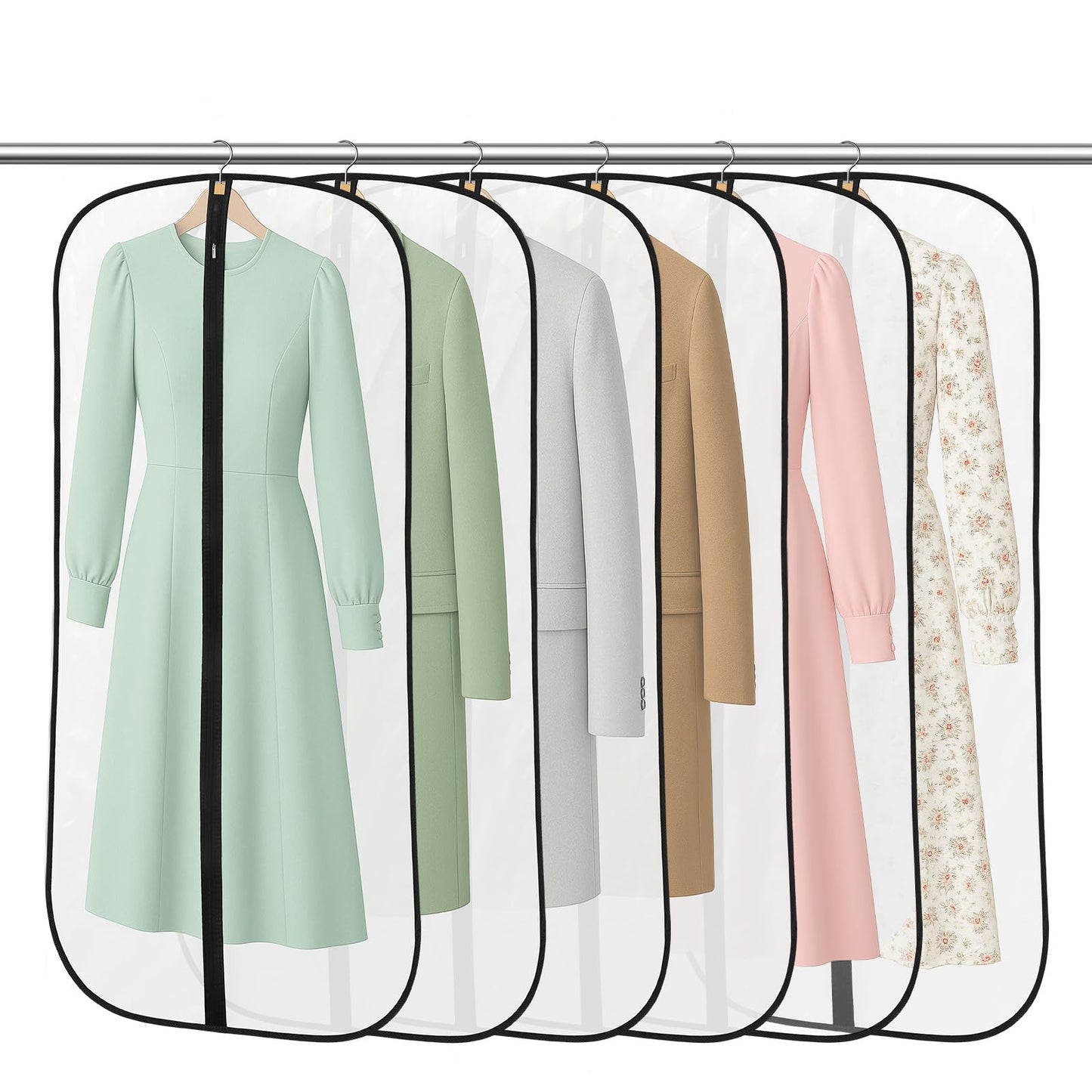 6 Pack Garment Bags, PEVA Translucent Clothes Covers, Suit Bag 47in