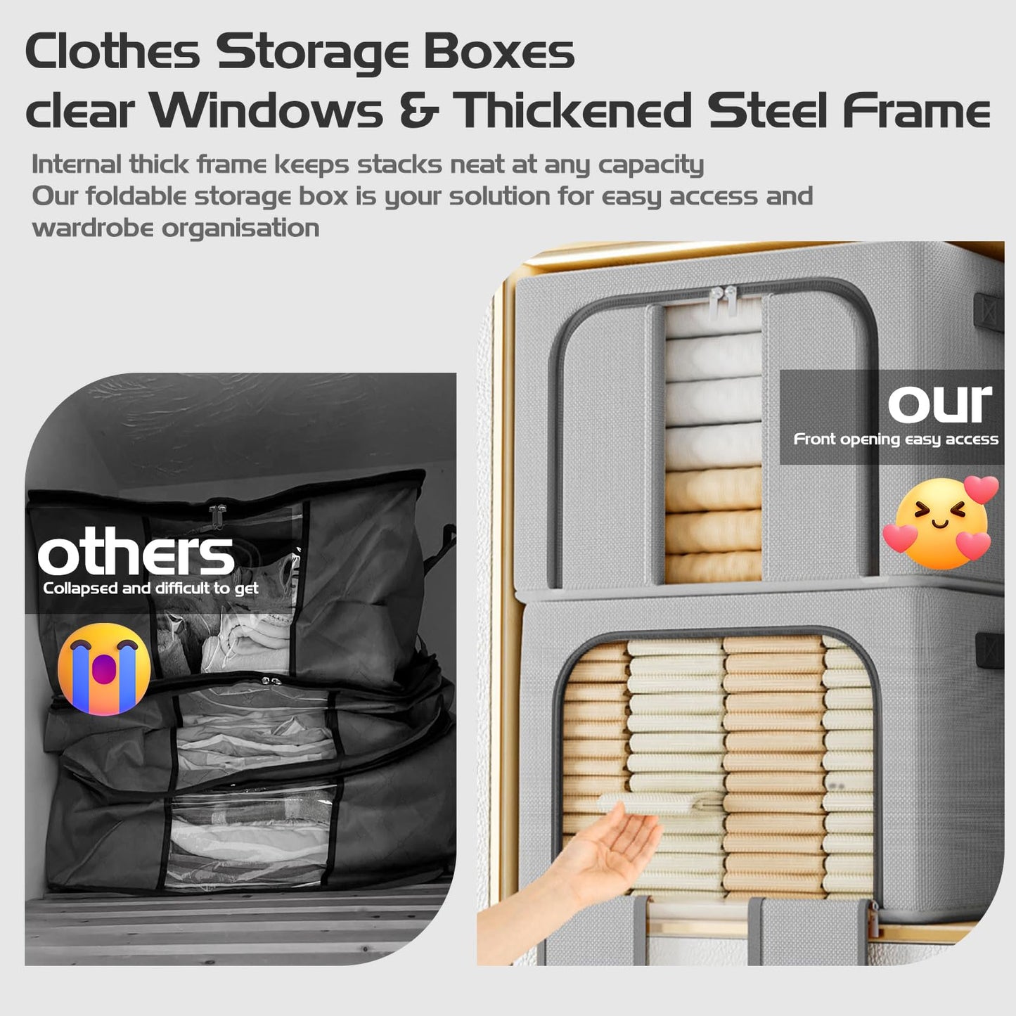 BOUDOI Clothes Storage Boxs With Lid，Large Storage Box With Double opening Zips Clear Windows，Foldable Oxford Cloth Steel Frame