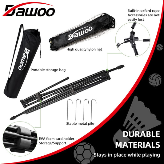 DAWOO Portable Sports Net Set - For Tennis, Soccer, Pickleball, Kids Volleyball, Badminton - Easy Setup Nylon Net with Poles (3M)