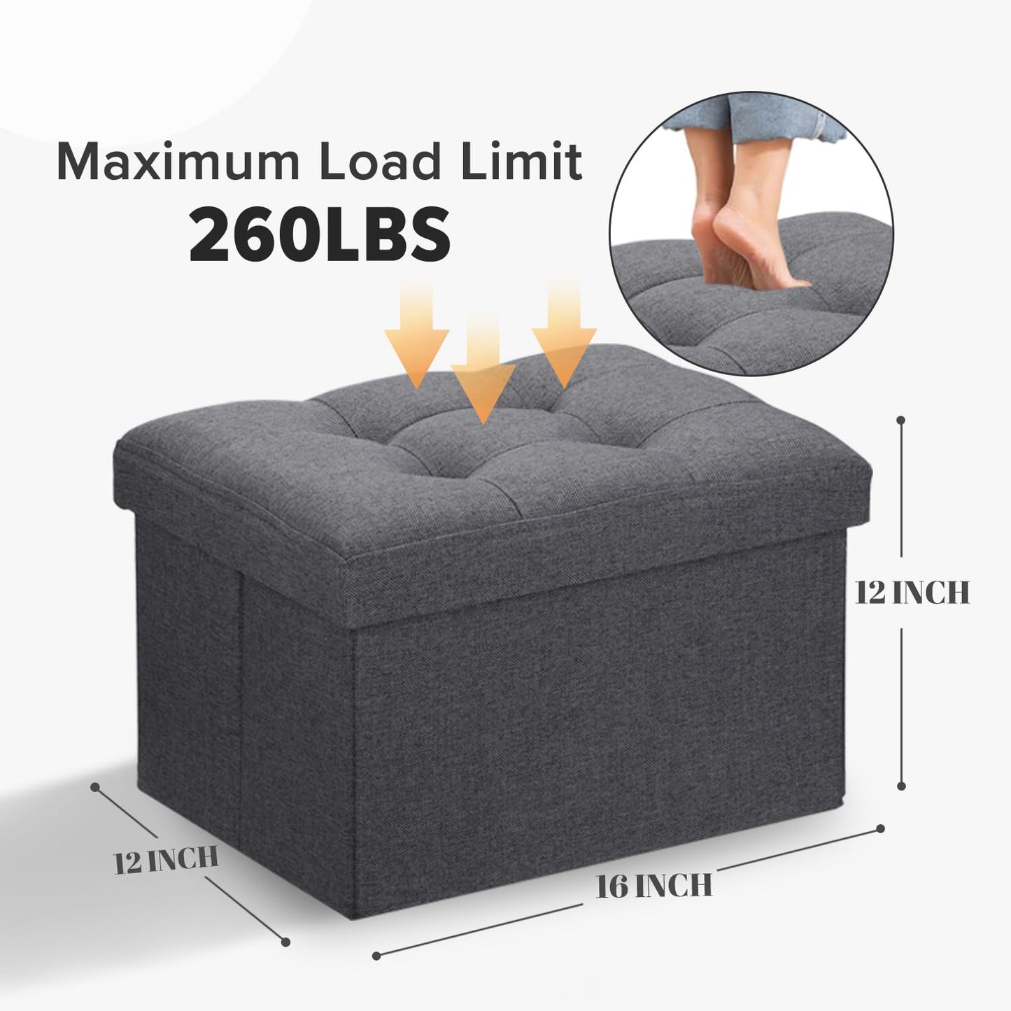 LINMAGCO Ottoman Storage Ottoman with Storage Small Foot Rest Stool Under Desk Stool Short Folding Footrest Linen Cloth Dark Gray 41X30X30CM