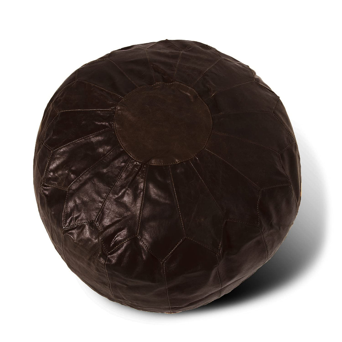 Woodland Leather Tan Morrocon Style Pouffe 17.5" Diam, Genuine Leather Designer Bean Bag Chair Stuffed-1Piece, Brown