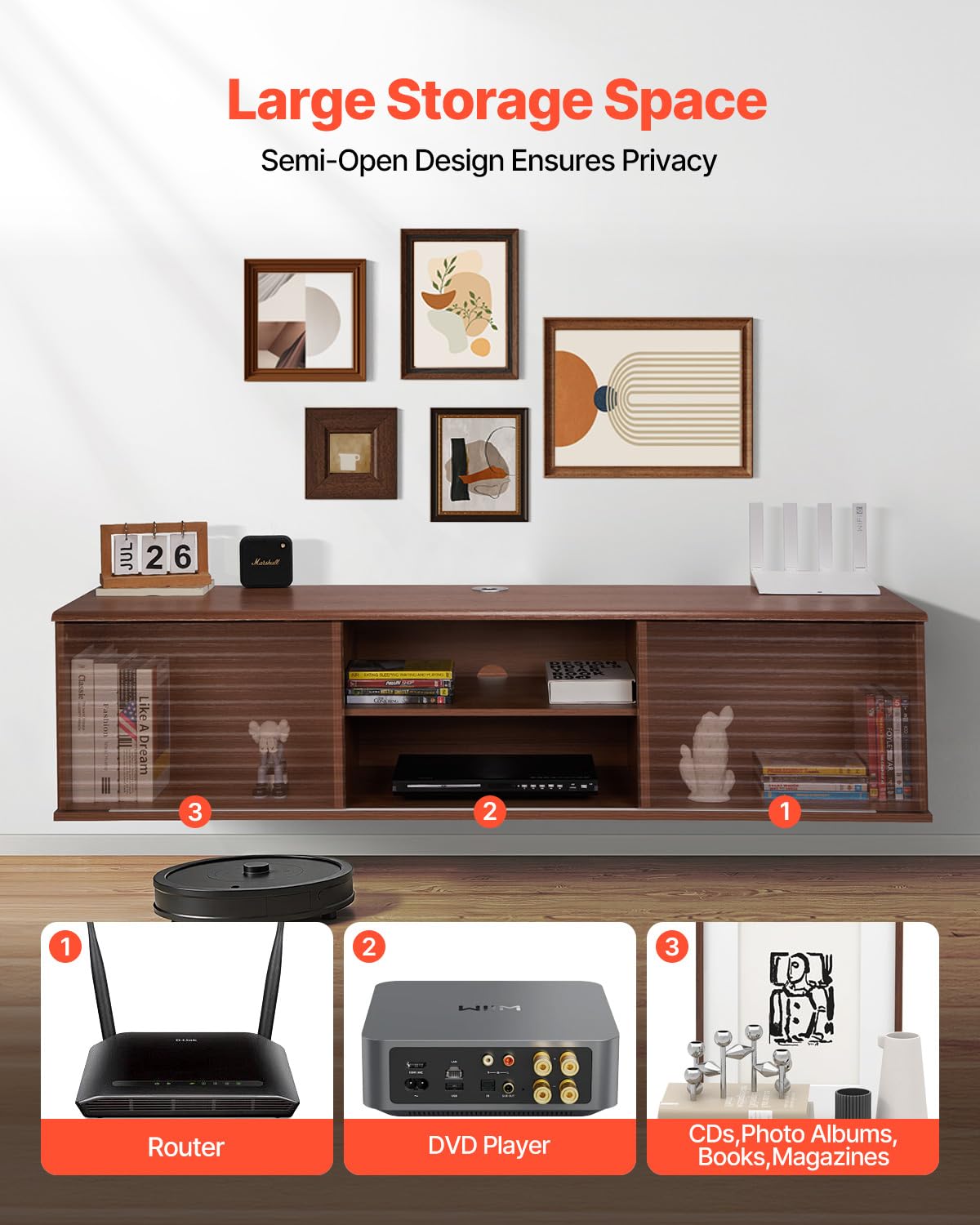 VEVOR Floating TV Stand, 60" Wall Mount Entertainment Center with Adjustable Shelf & Sliding Doors