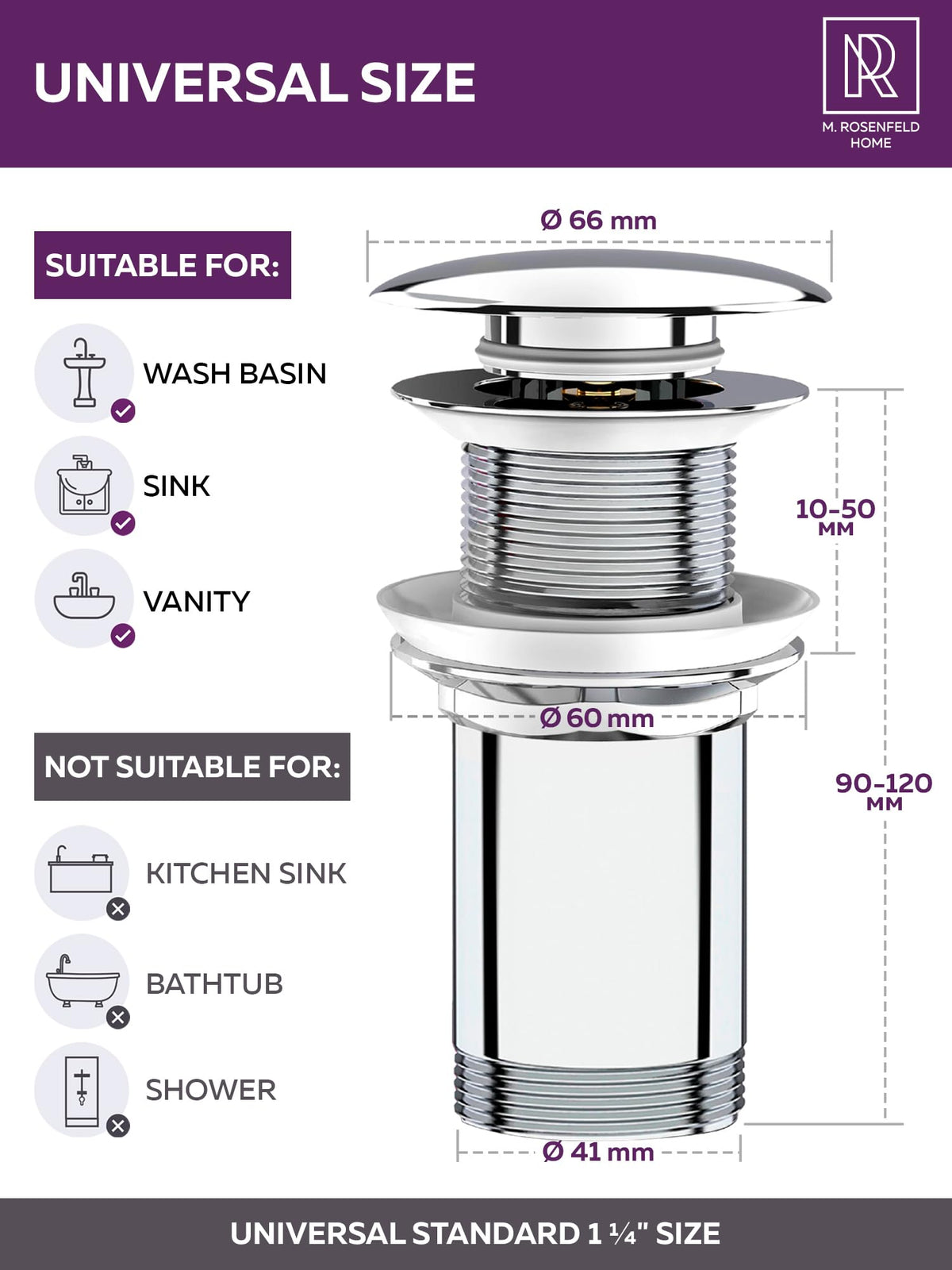 M. ROSENFELD HOME Click Clack Basin Waste Kit without Overflow 1 1/4" Universal Chrome Bathroom Sink Waste Kit Pop Up