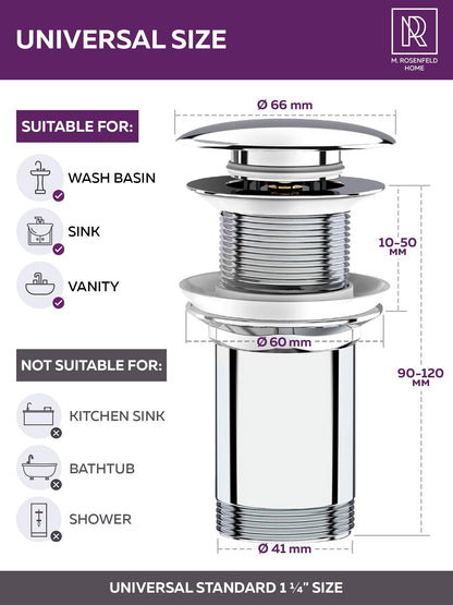 M. ROSENFELD HOME Click Clack Basin Waste Kit without Overflow 1 1/4" Universal Chrome Bathroom Sink Waste Kit Pop Up