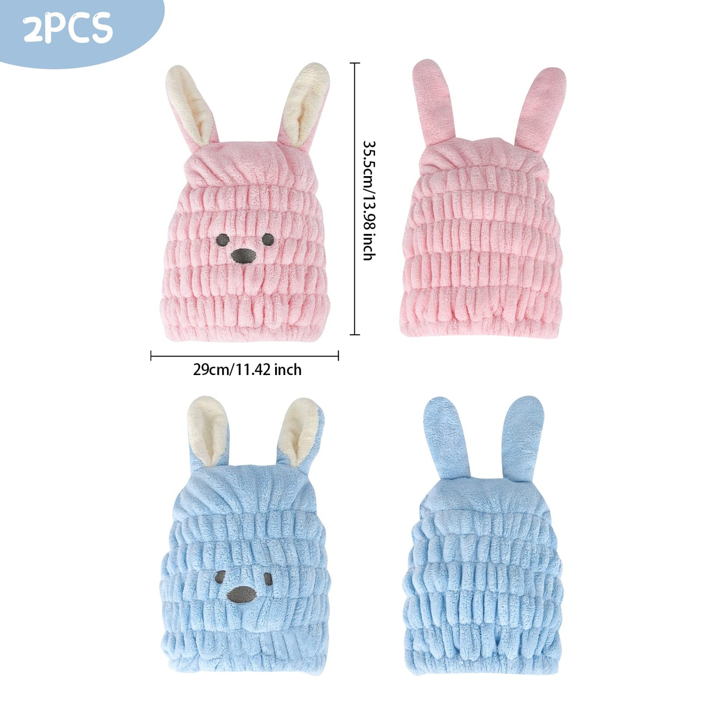 2 Pieces Dry Hair Hat Hair Drying Towels for Women Microfiber Dry Hair Cap with Cute Rabbit Ears Quick Drying Bath Cap Cartoon Hair Turbans Twist