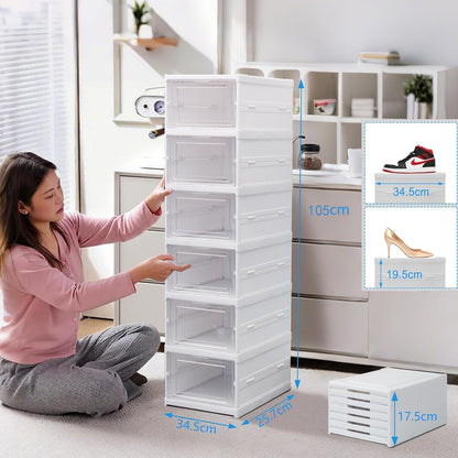 Wuciray Shoe Storage Box 6PCS Shoe Organiser Clear Stackable with Magnetic Door Installation Free Plastic Trainer Storage Organise Foldable Space