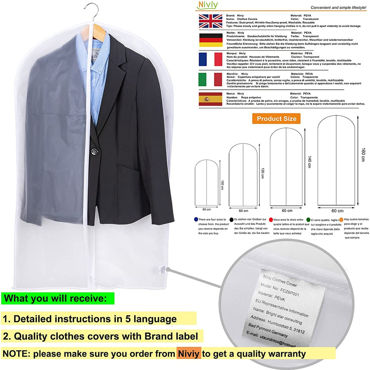 Niviy Dress Bags 60 x 160 cm, Long Garment Covers with Zip & Clear Window