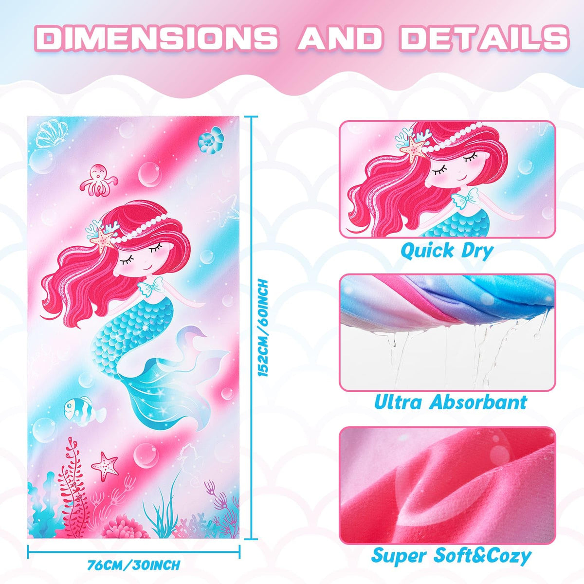 WERNNSAI Mermaid Microfibre Beach Towel for Kids, 76 x 150cm Bath Towel