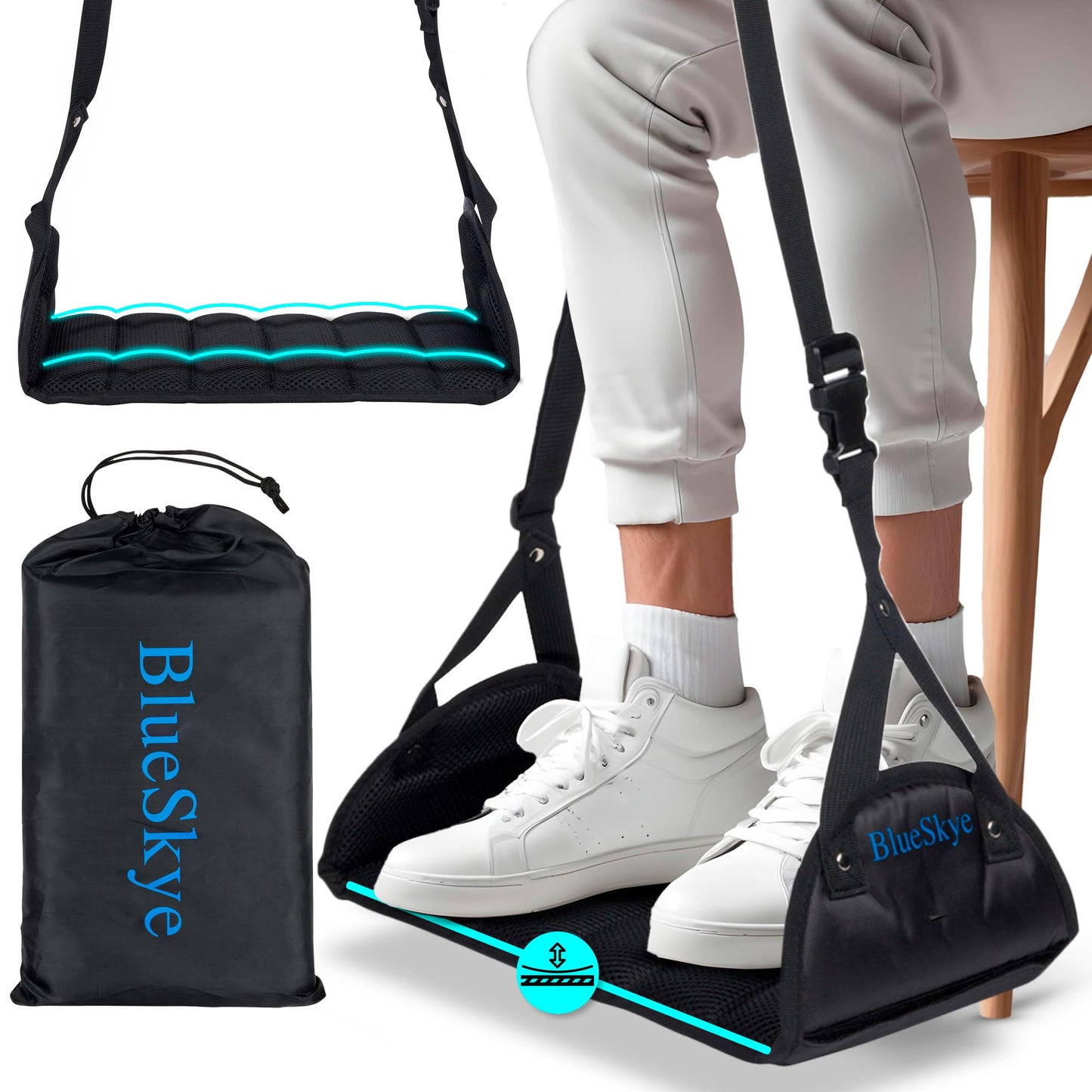 Flat Travel Foot Rest Portable Adjustable Folding Hanging Foot Hammock - for Airplane, Office, Under Desk, Car