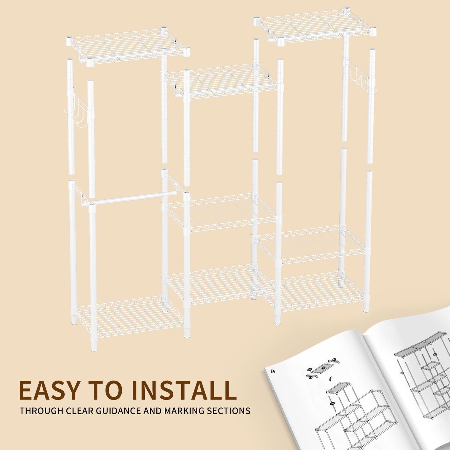 AQRA Metal Open Wardrobe, Heavy Duty Clothes Rail, 4 Assembly Ways, White