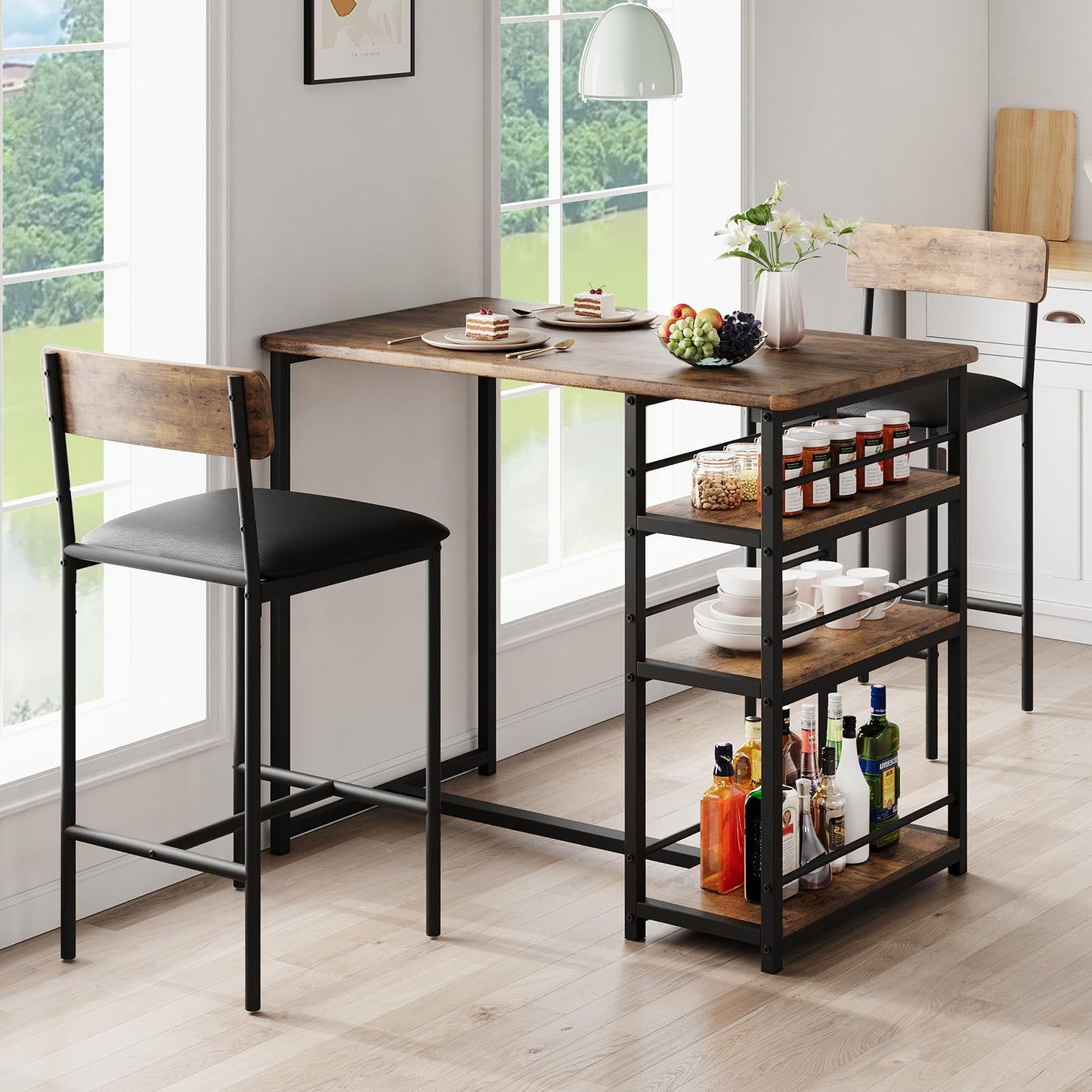 Crevyteg Compact 3-Piece Breakfast Bar Set for Small Spaces - Includes Storage Shelf Table & 2 High-Back PU Leather Stools