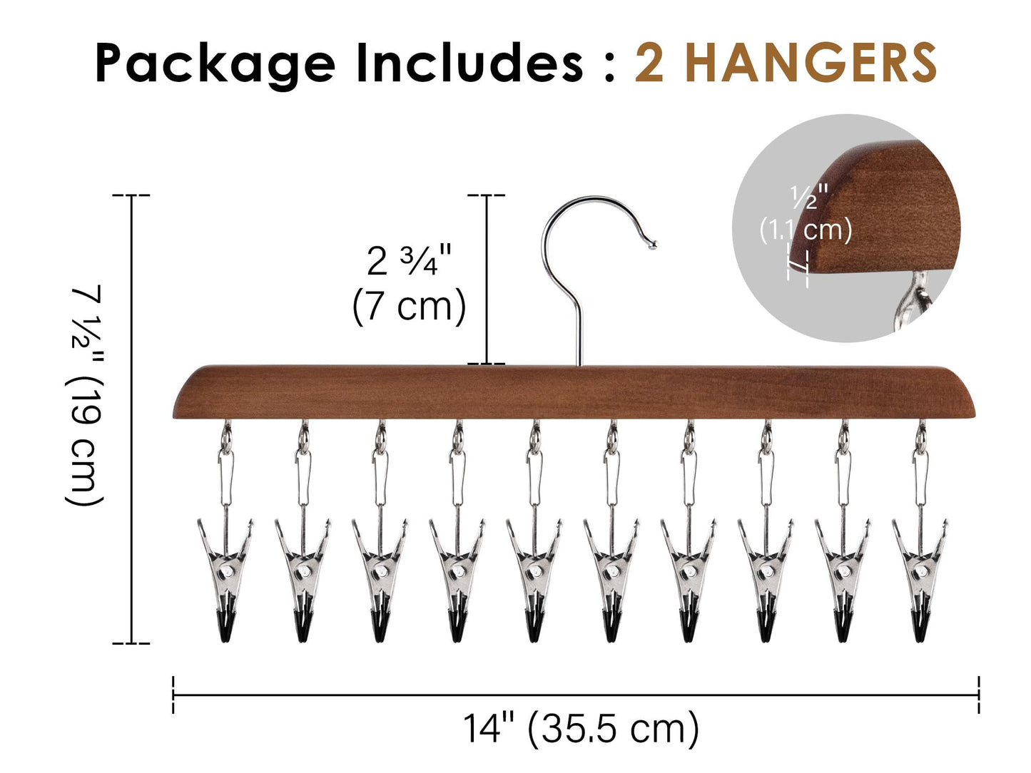 StorageWorks Hat Organiser, Wooden Hangers for Baseball Cap Storage, Set of 2 Cap Organizer with Adjustable Stainless Steel Clips, Fits All Caps