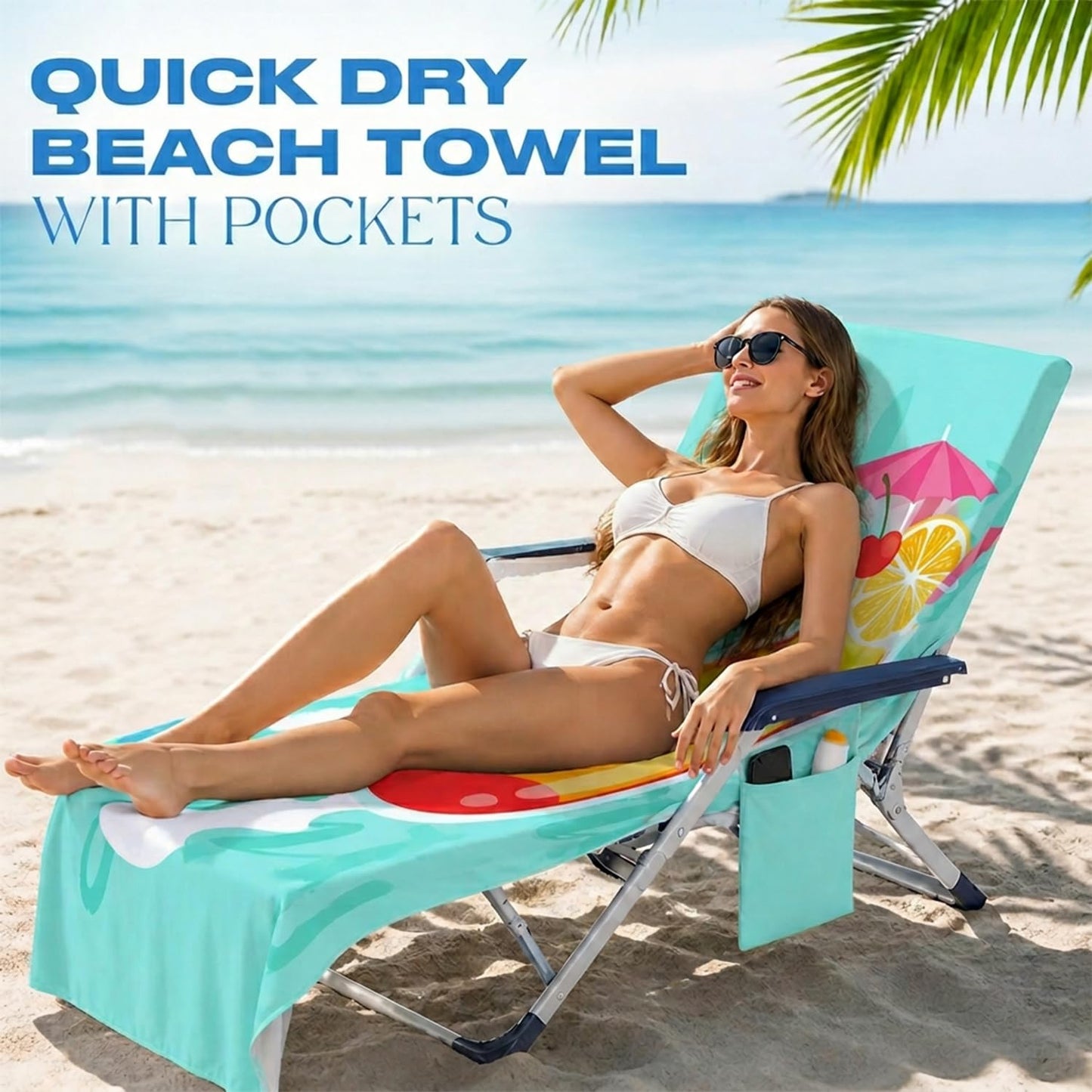 Surwin Sun Lounger Towel with Pockets, 3D Juice Print Quick Dry Beach Towel, Microfiber Sunbed Towels Travel Lounger Bag for Loungers Summer Holiday