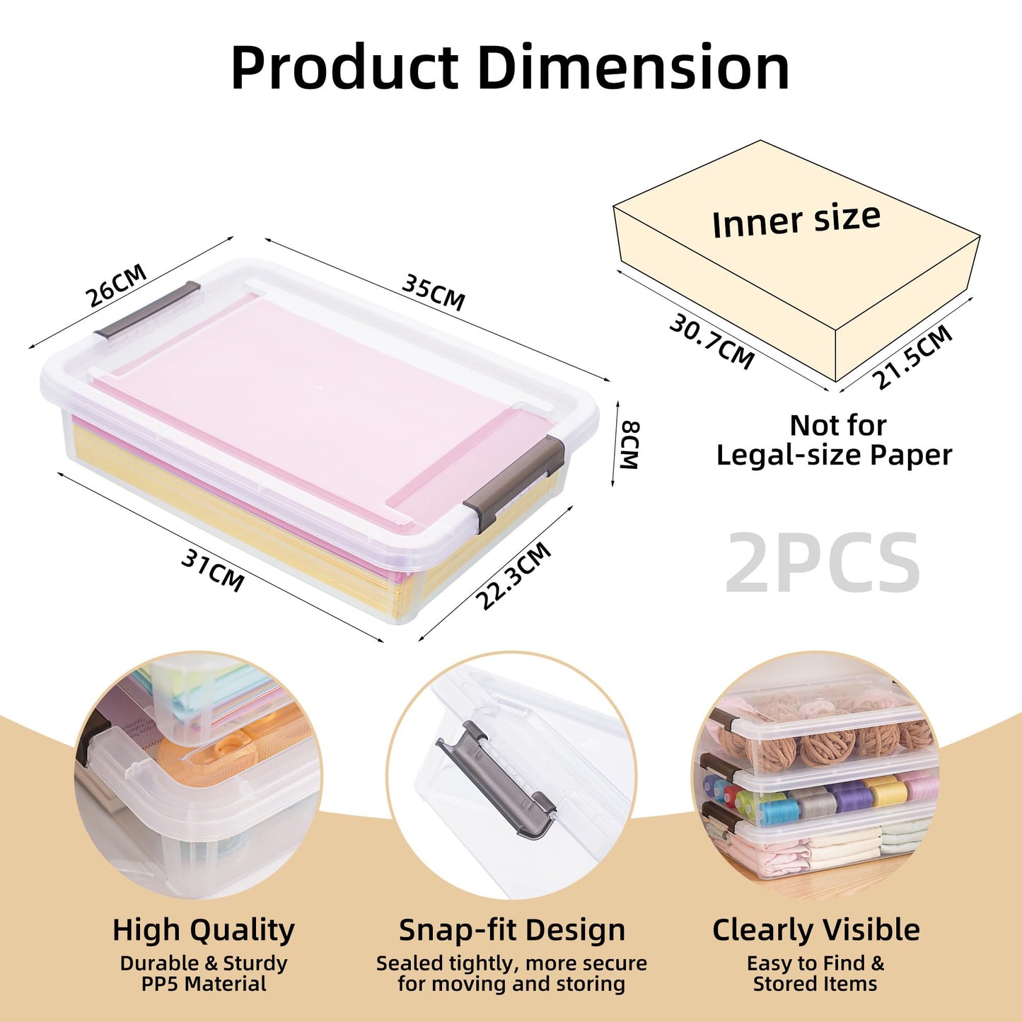 Citylife 2Pack Craft Storage Boxes, 4.5L A4 Plastic Storage boxes with Lids, Handles, Transparent Stackable Craft Organiser for Document, Book