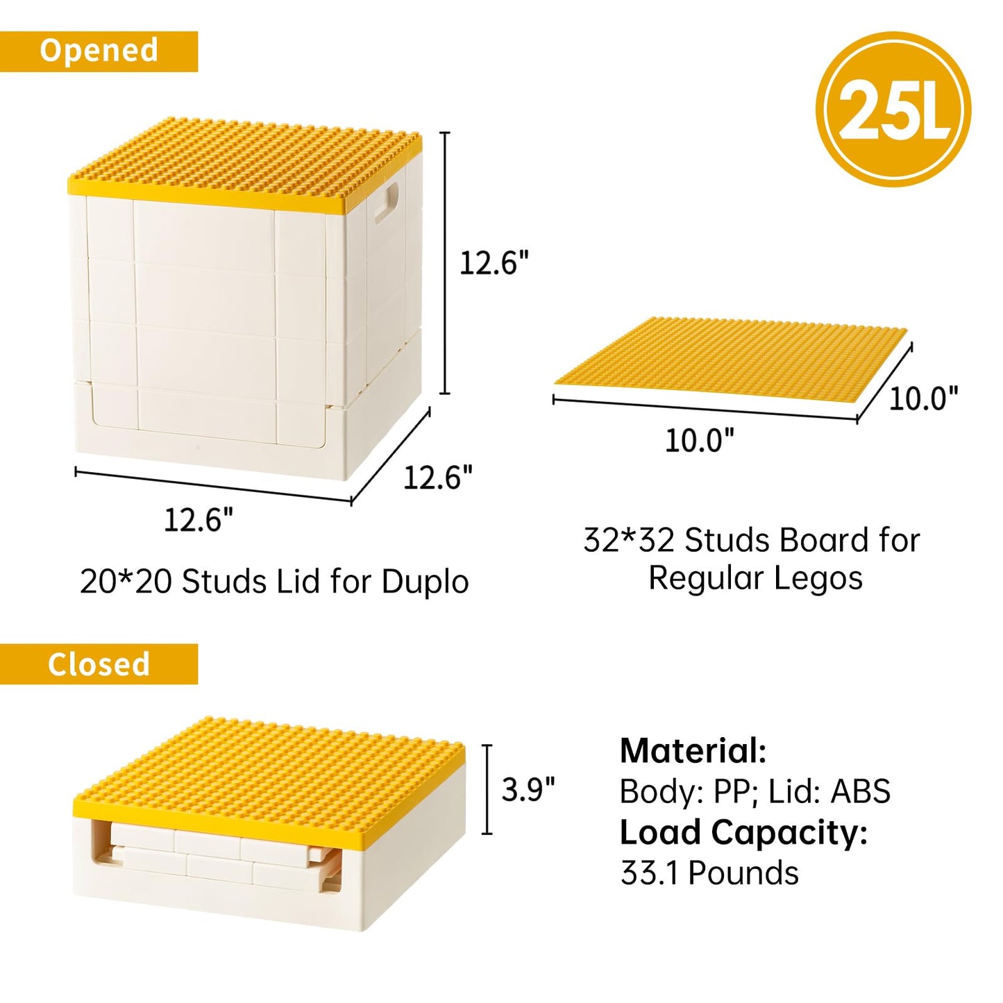 SHIMOYAMA Collapsible Storage Box with Baseplate Lid for Duplo, 25L Stackable Bin with Separate Building Board for Lego