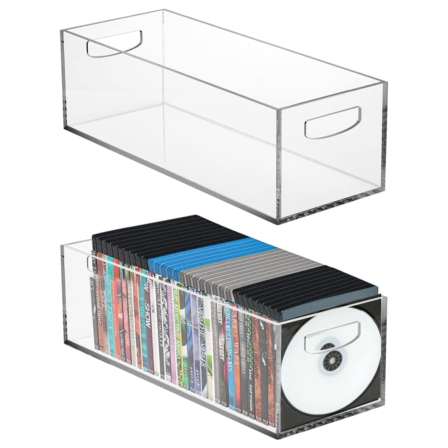 Frcctre 2 Pack Acrylic DVD/CD Storage Box, Clear DVD Holder Case with Handles Holds 27 pcs, Stackable Storage Container Shelf Organizer Bin for CDs
