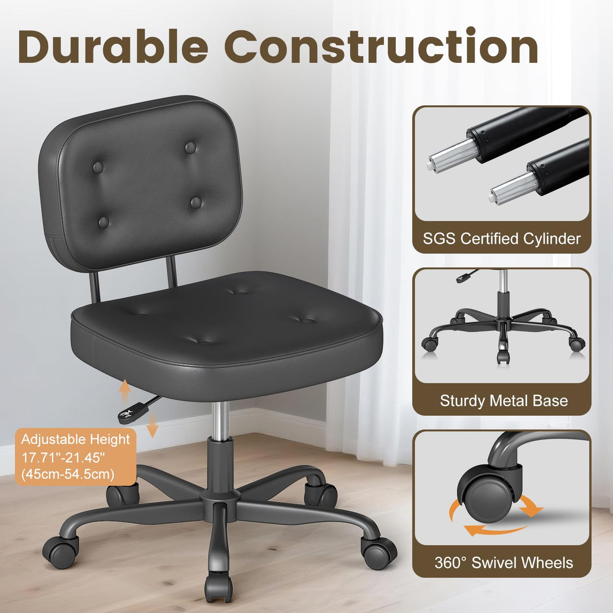 AnyGod PU Leather Armless Home Office Desk Chair, Small Ergonomic Task Chair for Adults and Students, Low Back Seating with Swivel, Adjustable Height