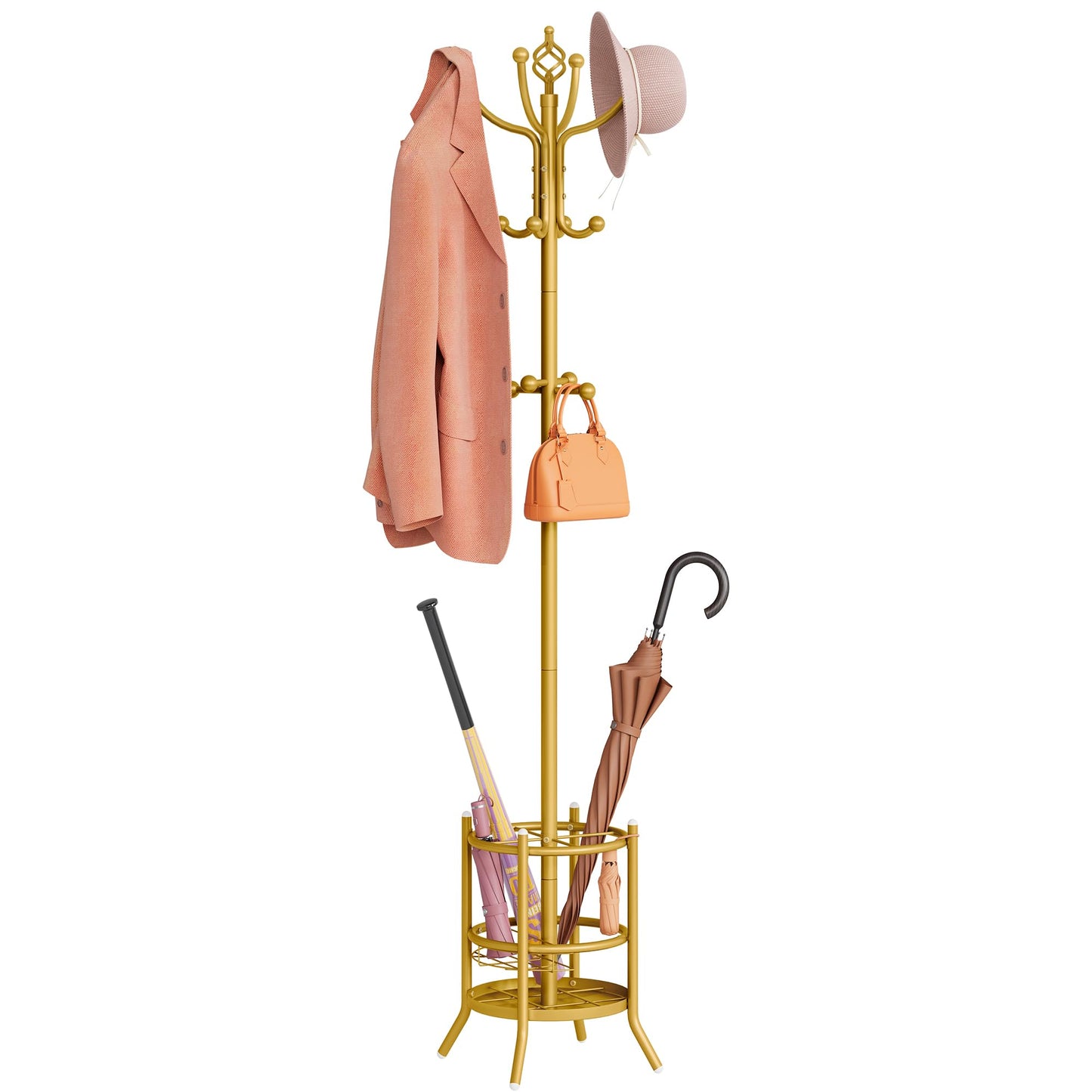 Tajsoon Coat Rack with Umbrella Holder, Coat Tree With 16 Hooks, Gold