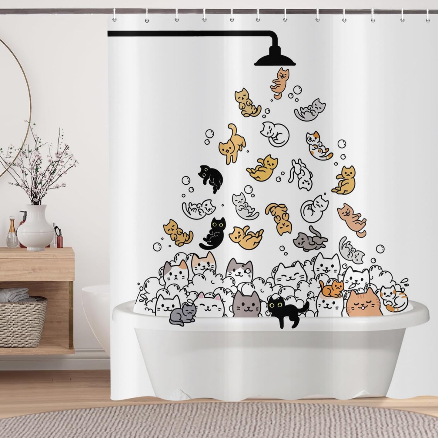 ASDCXZ Funny Cat Shower Curtain 180x200 cm, Cute Cartoon Colorful Kitten Kids Bathroom Animal Hilarious Waterproof Bath Curtain Polyester Textile