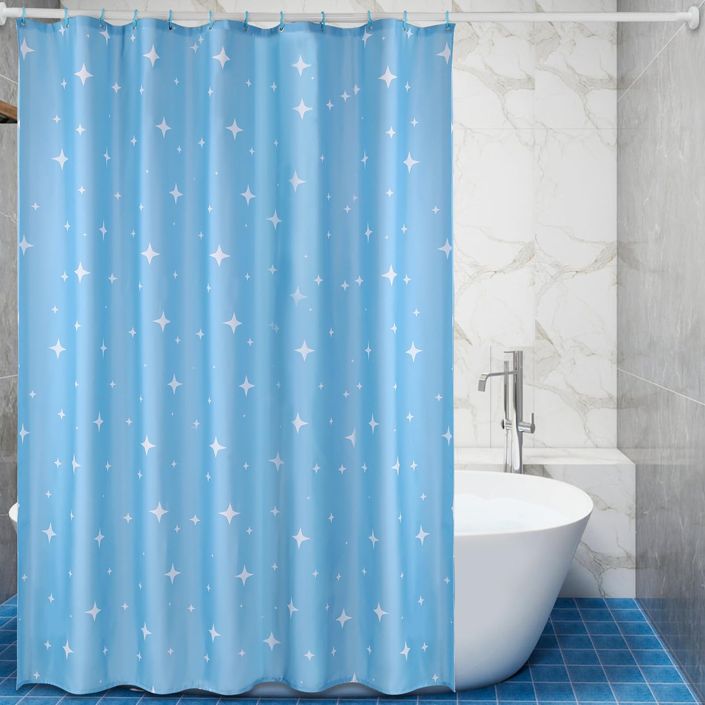 Lkw Ogechi Shower Curtain Blue with Weighted Hem 180x200 cm Star, Polyester Machine Washable Weighted Shower Curtain, Waterproof Anti-mould Wetroom