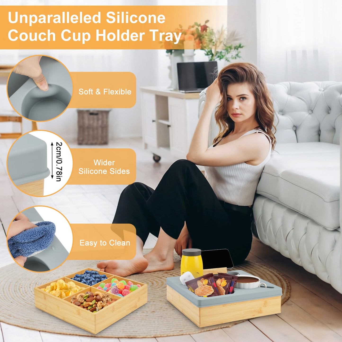 CXRYLZ-FUR 2-in-1 Couch Cup Holder Tray, Bamboo Sofa Arm Tray, Silicone Caddy Remote Control Snacks Cup Holder for Sofa Armrest Bedroom Picnic Beach
