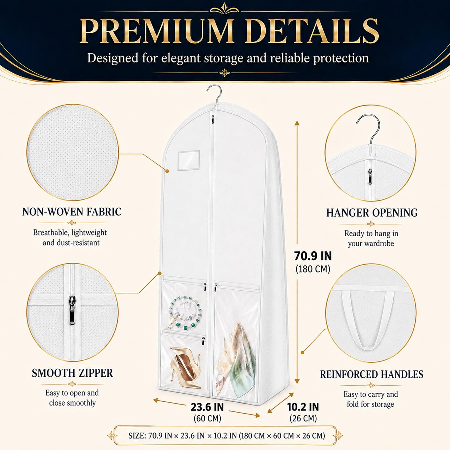 Wedding Dress Bag Covers, URMI Heavy Duty 180 x 60 x 26cm Bridal Gown Cover with 3 Clear PVC Pockets, Long Garment Bag with Handles for Wedding Gown