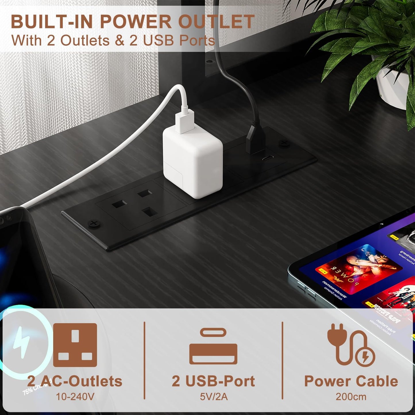 iSunirm L Shaped Gaming Desk with Power Outlets & LED Lights, Small L- Shaped Computer Corner Desk with Monitor Stand & Storage Shelf