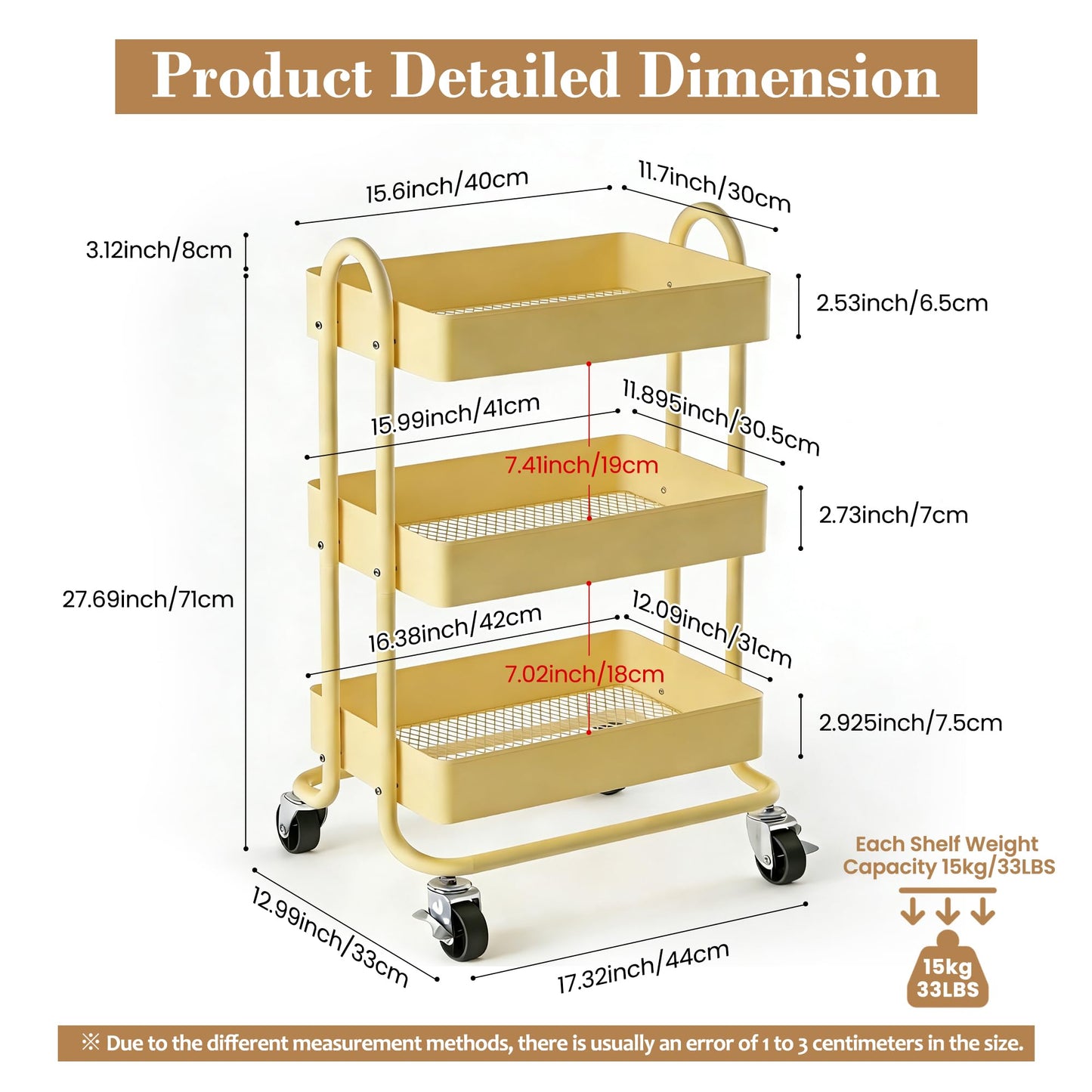 Mordchil EU 3 Tier Metal Utility Cart with Lockable Wheels for Storage, Rolling Utility Trolley Storage Cart for Home & Office, Khaki
