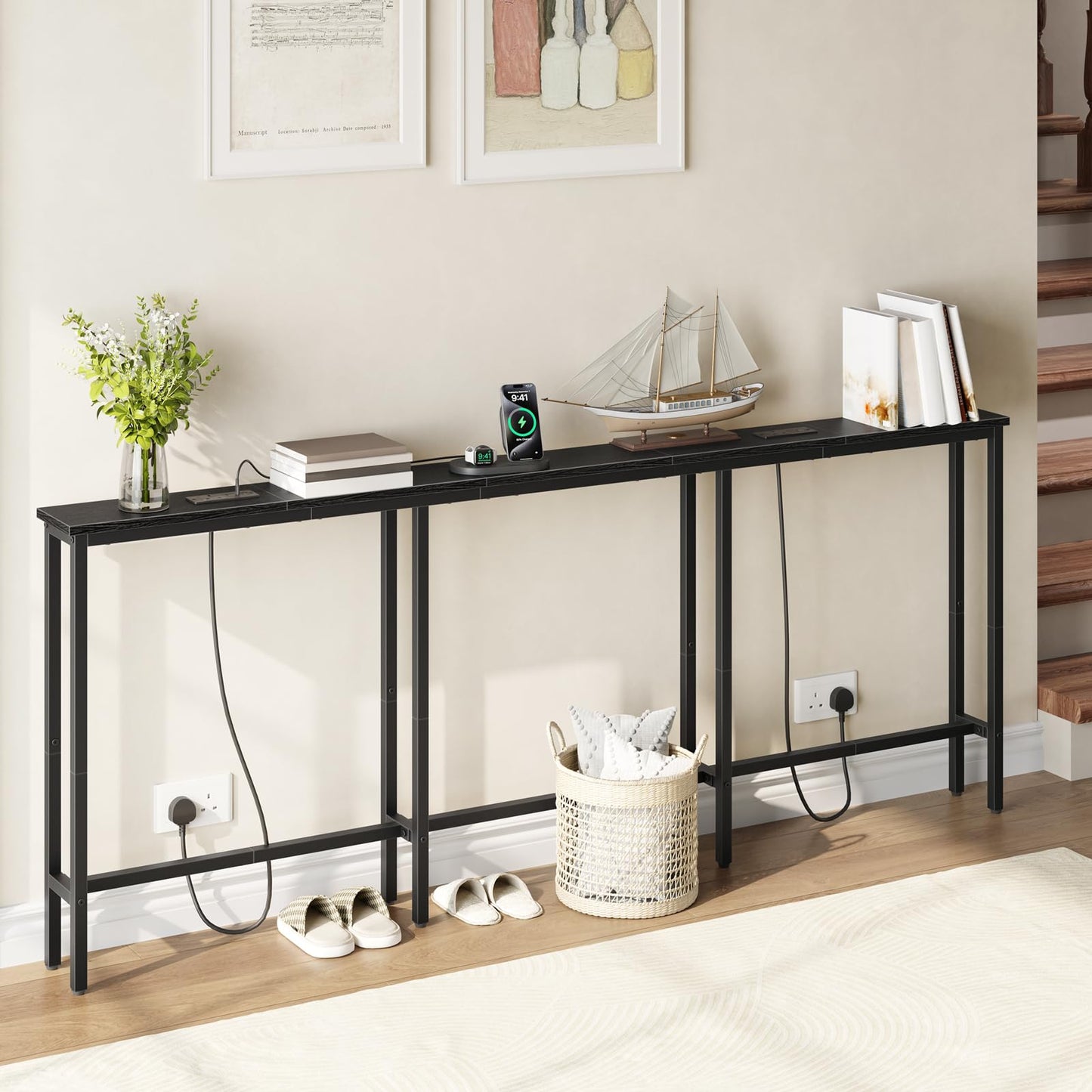 HOOBRO 200 cm Slim Console Table with 2 Charging Stations, Narrow Behind Sofa Table, Long Hallway Table with Adjustable Feet, for Hallway