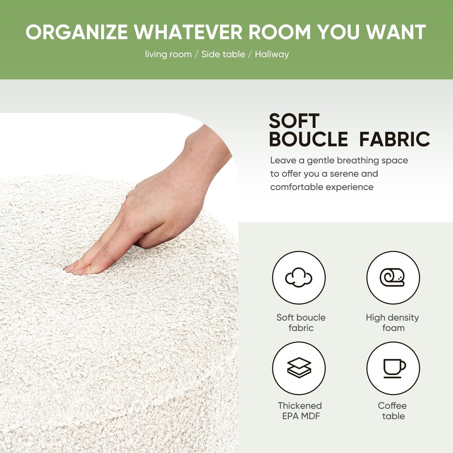 Bonlife Round Ottoman - Coffee Table with Storage, Cream, 37.5x37.5x42.5cm