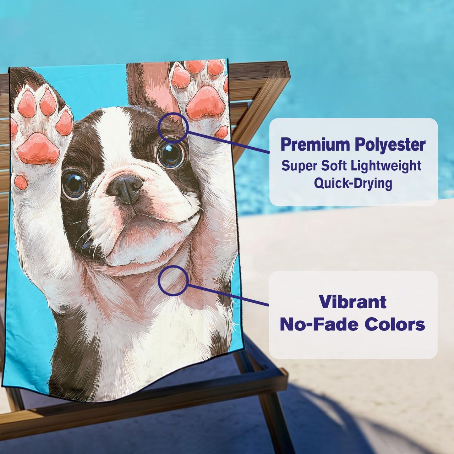 Violetpos Boston Terrier Beach Towel for Dog Lovers, Extra Large 180x90 cm 250GSM Microfibre, Sand Free Quick Dry