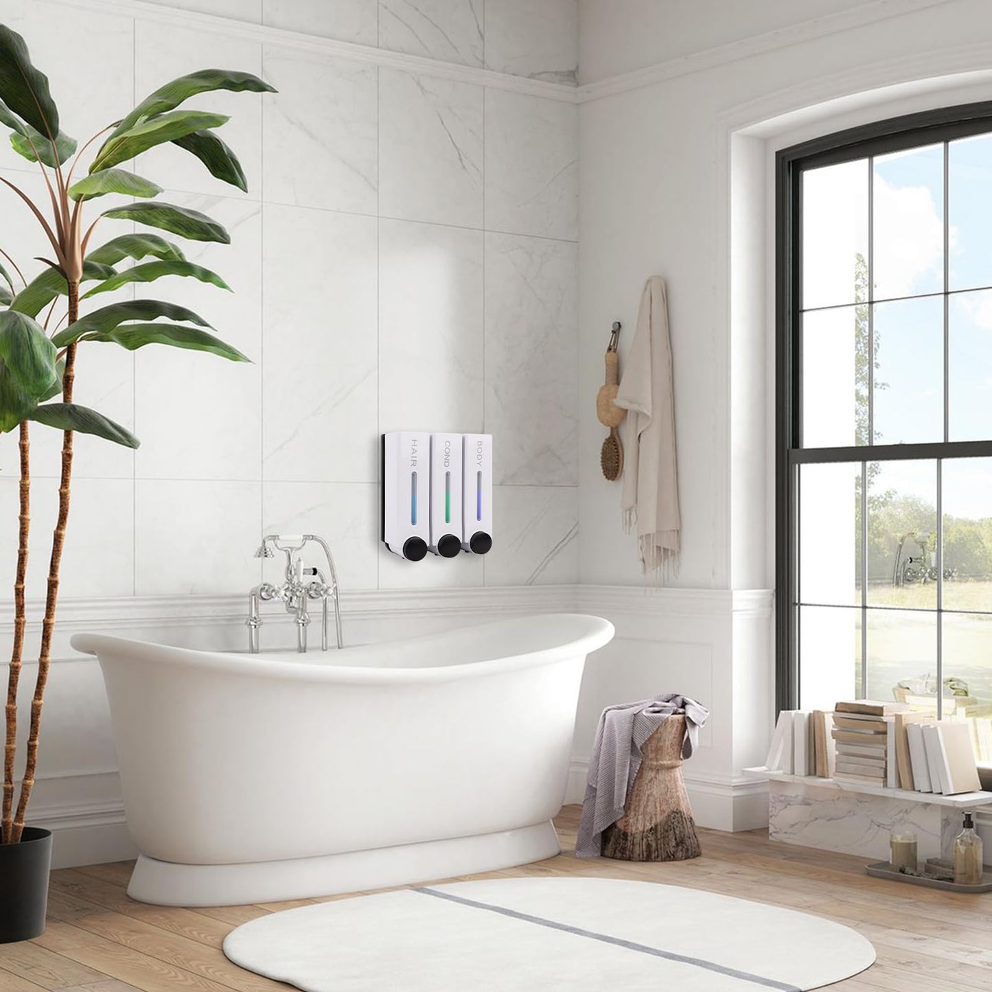 Shower Soap Dispenser No Drilling Wall Mounted Three Head White Shampoo Conditioner Body Wash Dispenser for Home Hotel Restauran