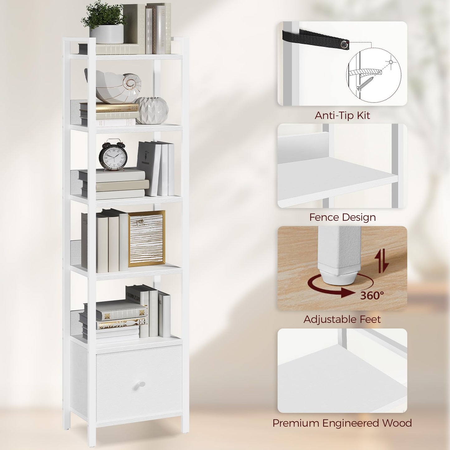 MAHANCRIS Bookshelf, 6-Tier Bookcase with Removable Drawer, Freestanding Book Shelf for Small Space, Storage Shelf Organizer, for Living Room