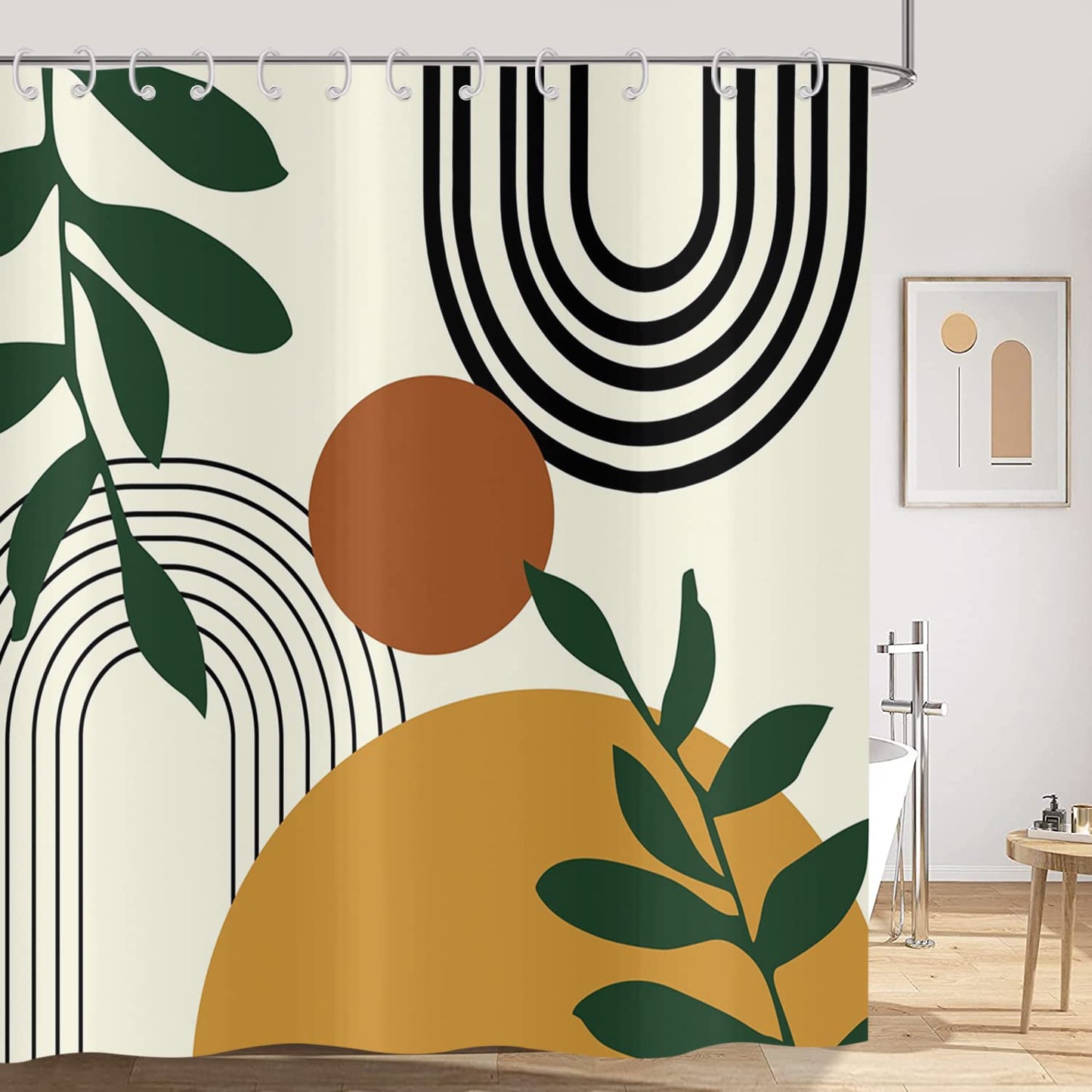 Hnmdmyi Boho Shower Curtain 180x180, Mid Century Abstract Arch Sun Green Leaf Beige Bathroom Curtains Modern Minimalist Aesthetic Art Waterproof