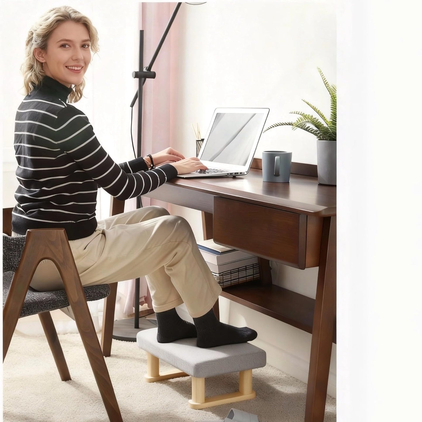 Small Footstool Ottoman, Removable Cover Fabric Foot Stool Rest with Wooden Legs and Non-Slip Soft Padding, Modern Footstools Step for Couch, Desk