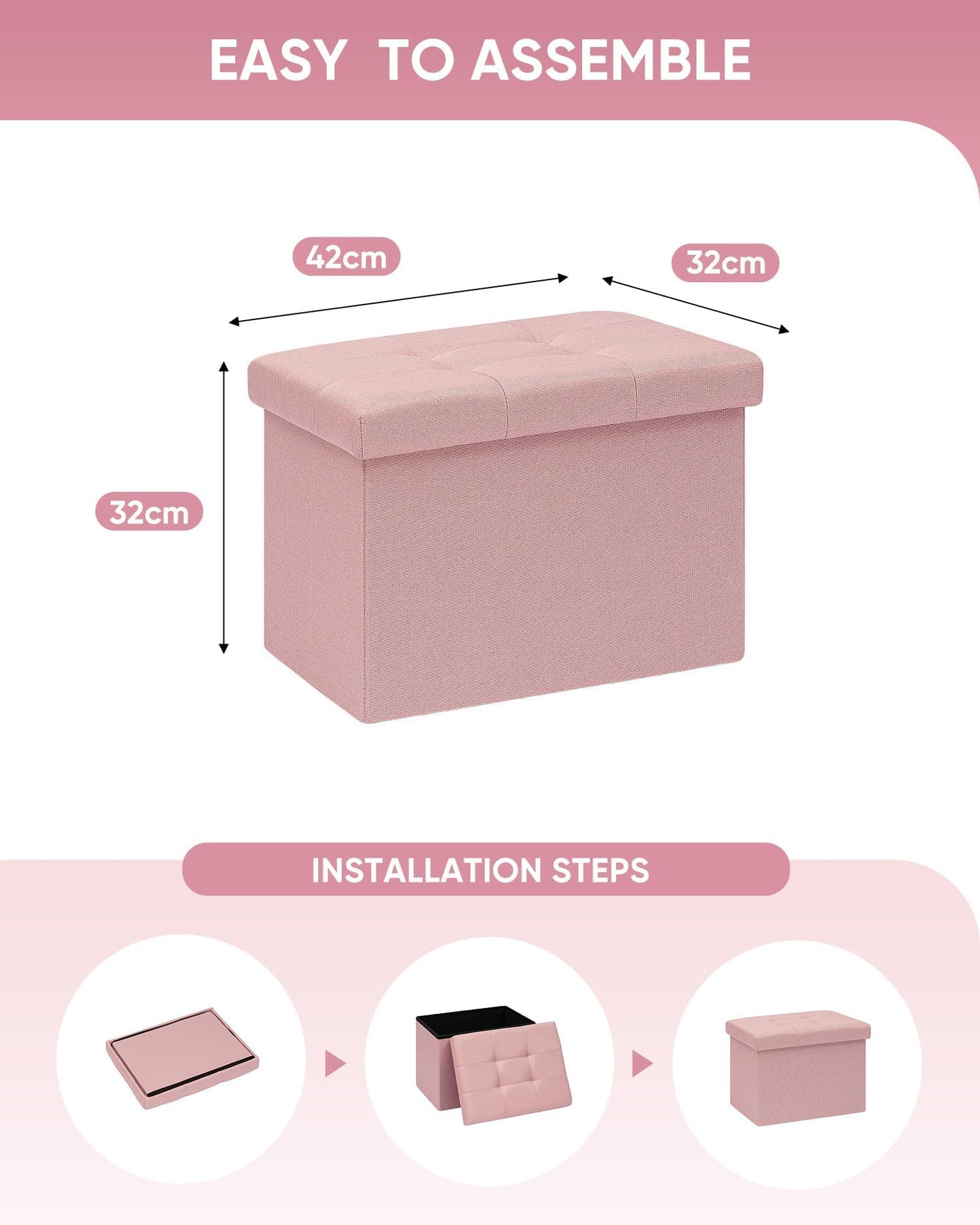Bonlife Storage Ottoman, Folding Small Foot Rest,Toy Chest Storage Footrest Seat, Footstool for Living Room, Bedroom, Dorm, Fabric,Pink,42x32x32cm