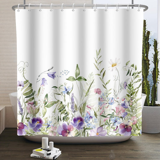 Kzzfqxb 180x200cm White Background Floral Shower Curtains with Plastic Hooks, Botanical Herbs Purple Flowers Daisy Waterproof Occluded for Bath,
