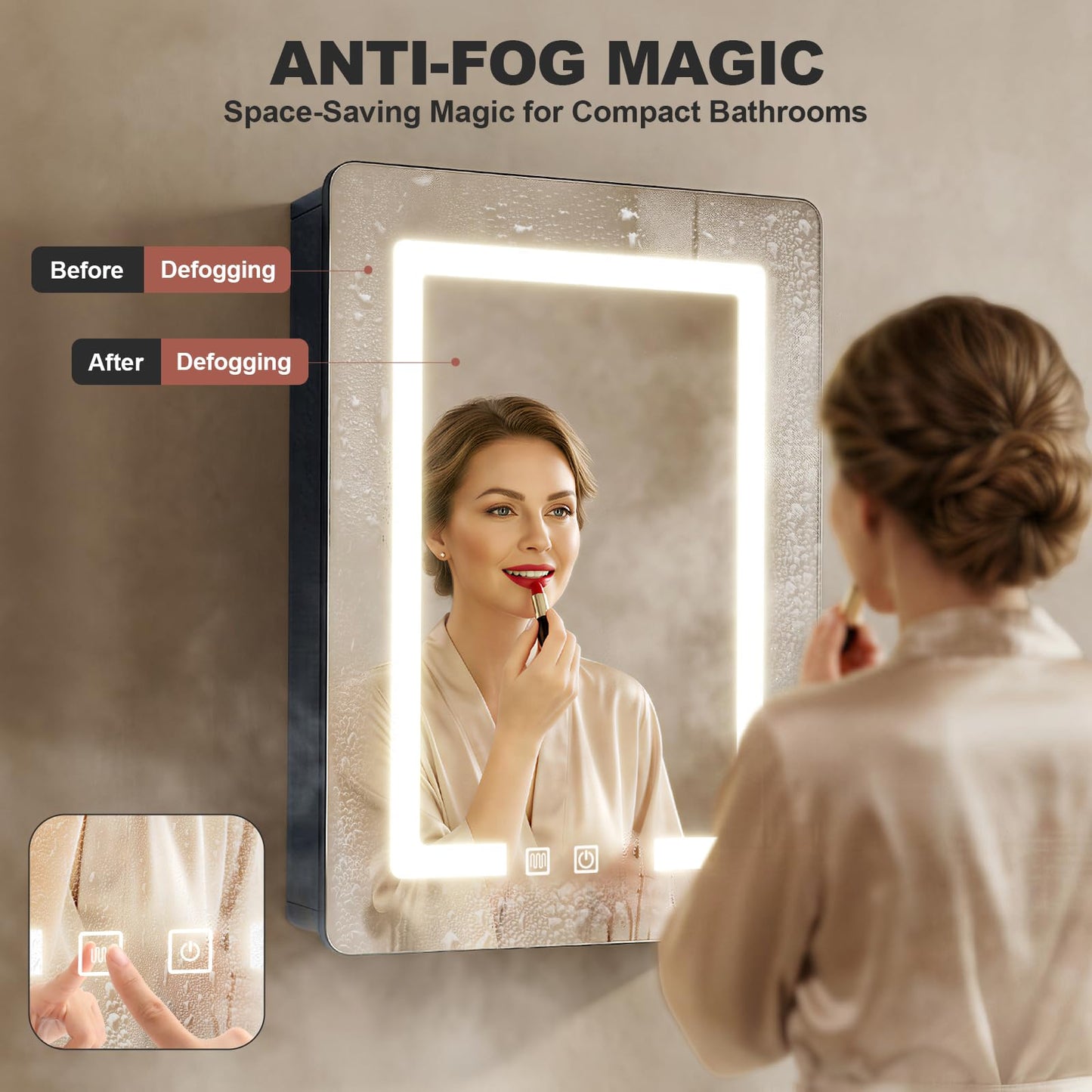 70×50cm Aluminum LED Bathroom Mirror Cabinets, 3 Color Light Modes