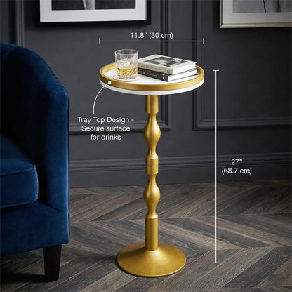 ZEXVIDA Gold Round Drinks Table,Metal Martini Side Table with White Tray Top & Pedestal Base,Small Art Deco End Table for Living Room