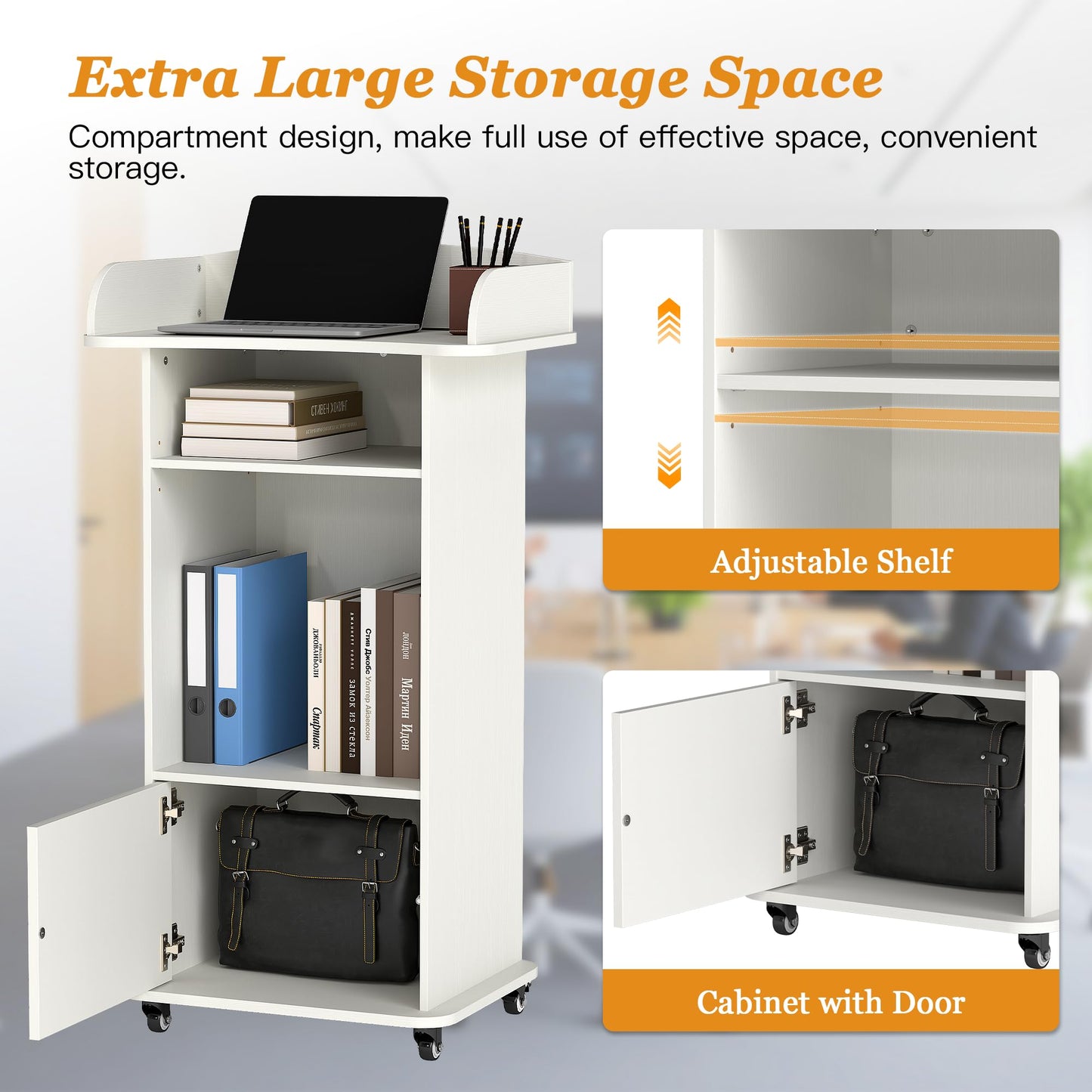 Suuiwau Portable Podium Stand with Adjustable Shelf & Lockable Wheels