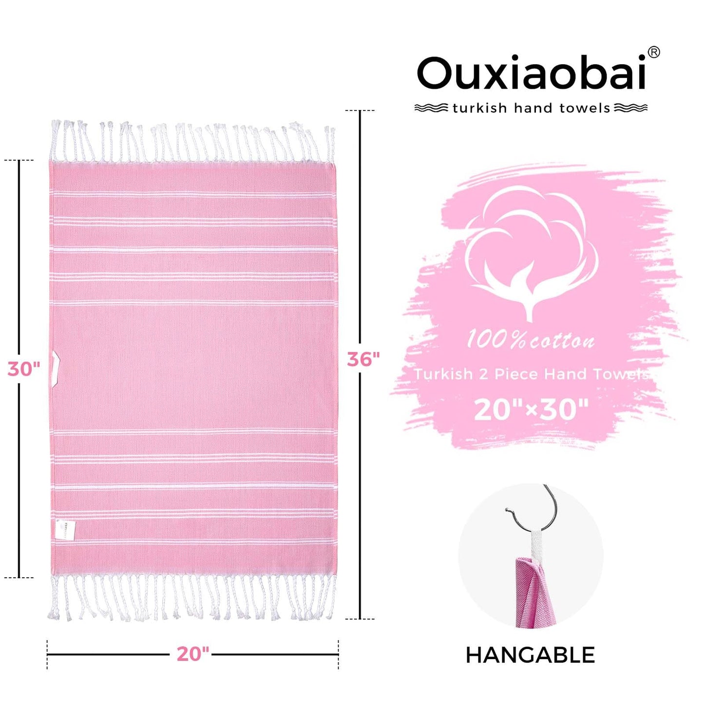 Ouxiaobai Hand Towels for Bathroom - Pack of 2 Turkish Hand Towels Set, Thin Decorative Tea Towel, 20 * 30 Inch Kitchen Cloth with Tassel (Pink)