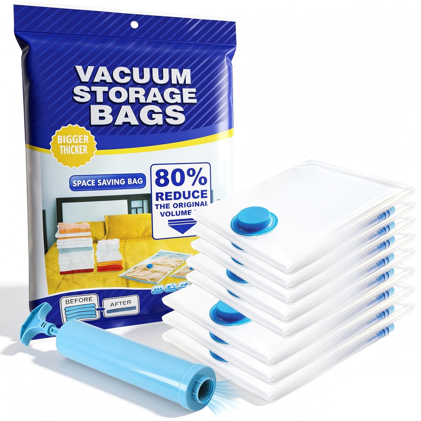 Vacuum Bags Pack of 8, 3 Large 80 x 60 cm + 2 Small 60 x 40 cm + 2 Small 50 x 40 cm, Space Saving Vacuum Bags, PA & PE Material, Hand Pump Included