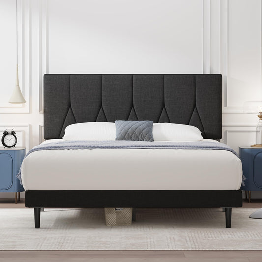 Yocreat Double Bed Frame, Black, Upholstered Wooden Slat Bed Frame with Headboard, Easy Assembly, Underbed Storage, No Box Spring Needed 135?190