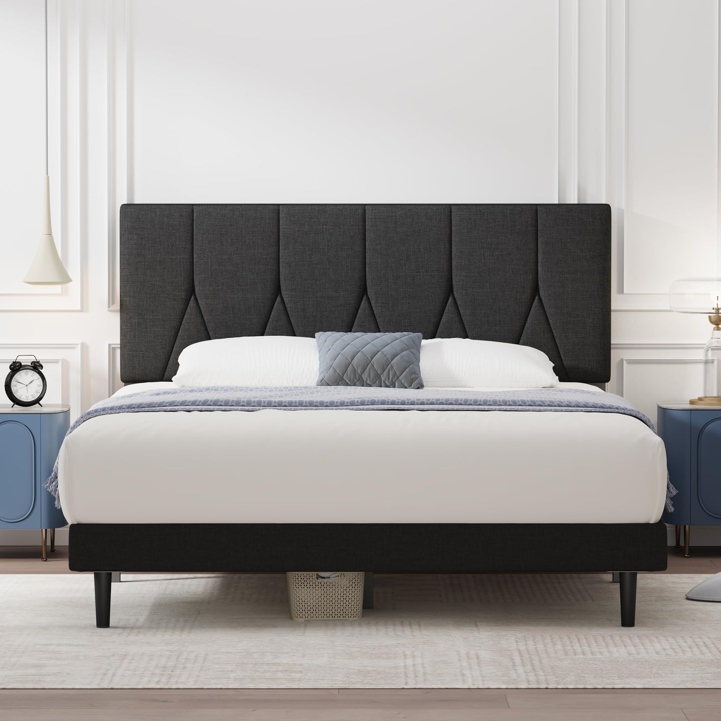 Yocreat Super King Bed Frame, Black, Upholstered Wooden Slat Bed Frame with Headboard, Easy Assembly, Underbed Storage, No Box Spring Needed 180?200